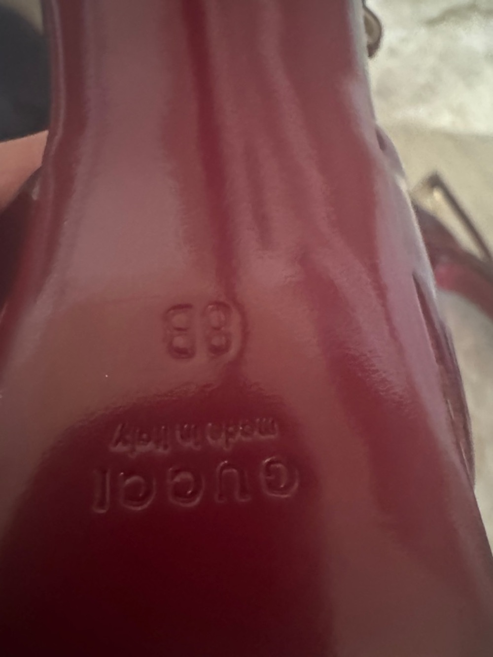 Gucci Women's Maroon Patent Leather Peep-Toe Ankle-Strap Heels - Picture 9 of 9
